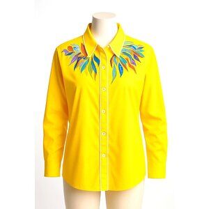 Bob Mackie Wearable Art Yellow Embroidered Shirt Vintage Button Down Retro Chic